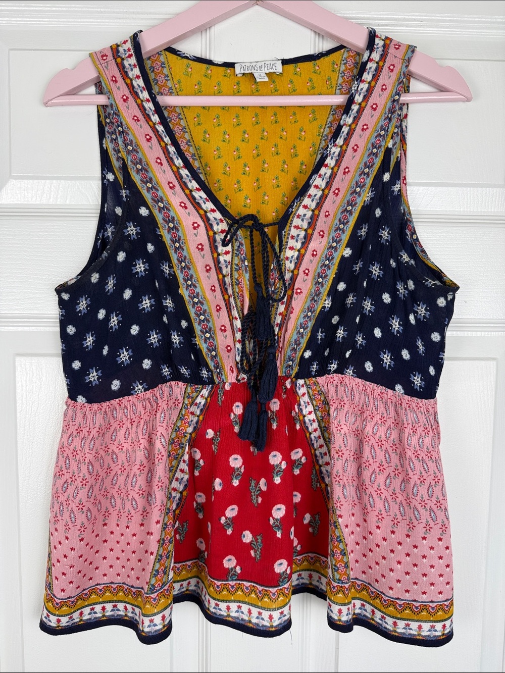 Patron of Peace Boho Festival Cottagecore Patchwork Tie-Front Tank Medium